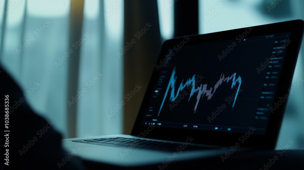 A close-up shot of a laptop screen displaying a stock market graph. The blue and gray line represents the fluctuation of stock prices. A close-up shot of a laptop screen displaying a stock market graph. The blue and gray line represents the fluctuation of stock prices.