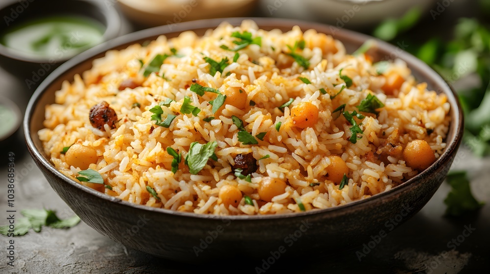 Close-up of a bowl of fragrant rice with chickpeas and herbs Close-up of a bowl of fragrant rice with chickpeas and herbs