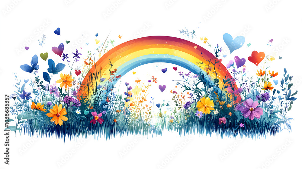 A Colorful Rainbow Surrounded by Charming Hearts and Beautiful Flowers in a Simple Vector Style Against a Bright White Background A Colorful Rainbow Surrounded by Charming Hearts and Beautiful Flowers in a Simple Vector Style Against a Bright White Background