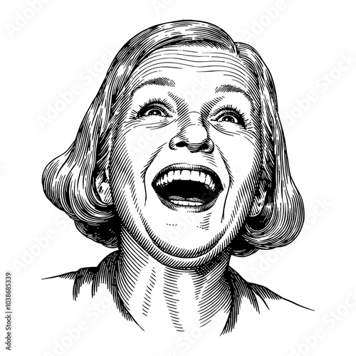 Excited Elderly Woman Facial Expression in Black and White Outline Line Art Drawing