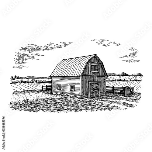 Rustic Farm Building Landscape in Black and White Outline Line Art Drawing with Barn