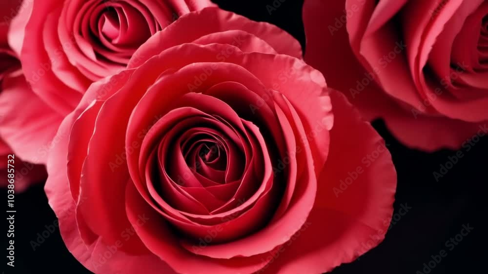 Delicate red rose buds gracefully appear against a black background, creating a striking contrast and evoking feelings of romance and elegance. Delicate red rose buds gracefully appear against a black background, creating a striking contrast and evoking feelings of romance and elegance.