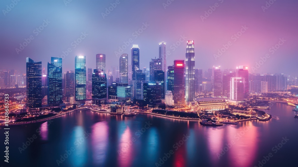 Fototapeta premium Vibrant Cityscape at Night with Skyscrapers and Water Reflection