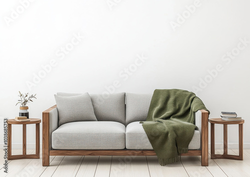 Cozy and modern sofa with green blanket, surrounded by wooden side tables and small plant, perfect for stylish living room
