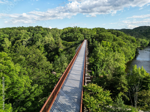 rosendale trestle aerial view (rail bridge converted to rail trail biking walking path in hudson valley) wallkill river rondout creek drone view travel spring beauty photo