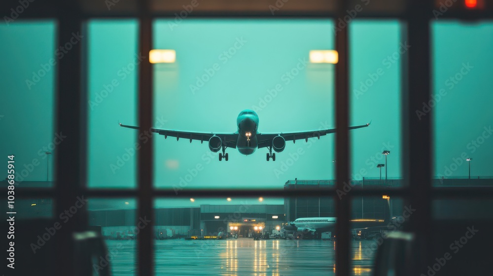 Airplane Taking Off Through Airport Window Airplane Taking Off Through Airport Window