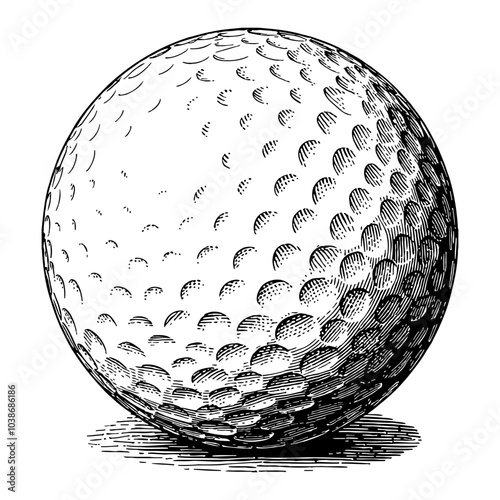 Detailed Golf Ball Illustration Black and White Outline Line Art Drawing with Shading Effects