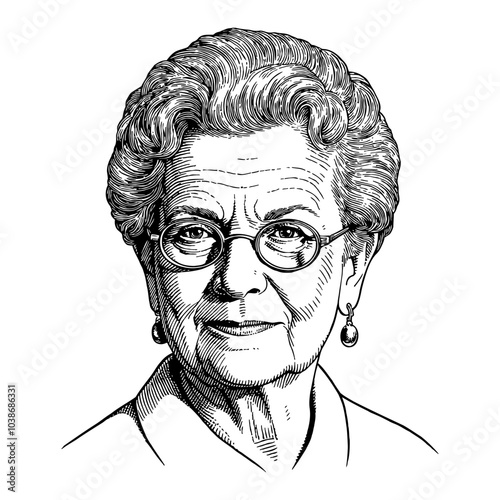 Grandmother Portrait with Glasses in Black and White Outline Line Art Drawing