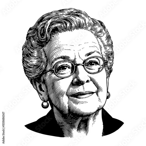 Grandmother Wearing Glasses Portrait in Black and White Outline Line Art Drawing