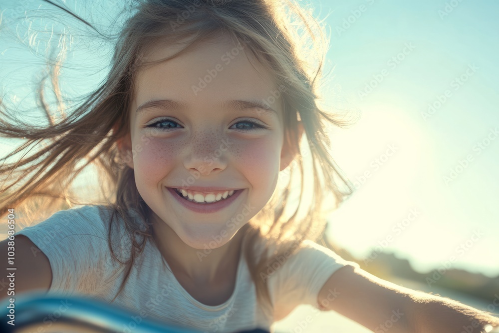 Joyful Girl Riding Bicycle in Sunlight