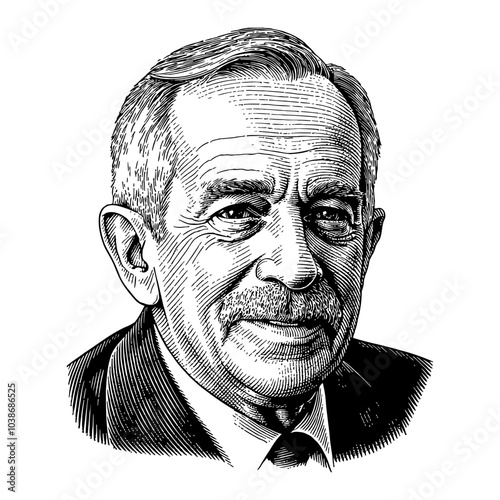 Elderly Man Portrait with Facial Details in Black and White Outline Line Art Drawing