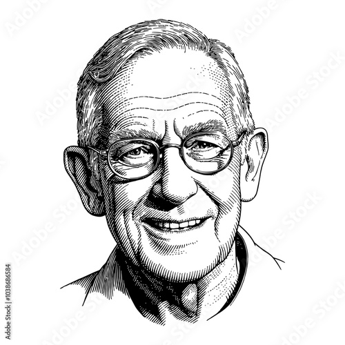 Grandfather with Glasses Portrait in Detailed Black and White Outline Line Art Drawing