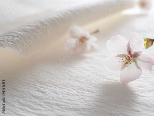 Traditional washi paper with cherry blossoms creates a tranquil, harmonious scene.