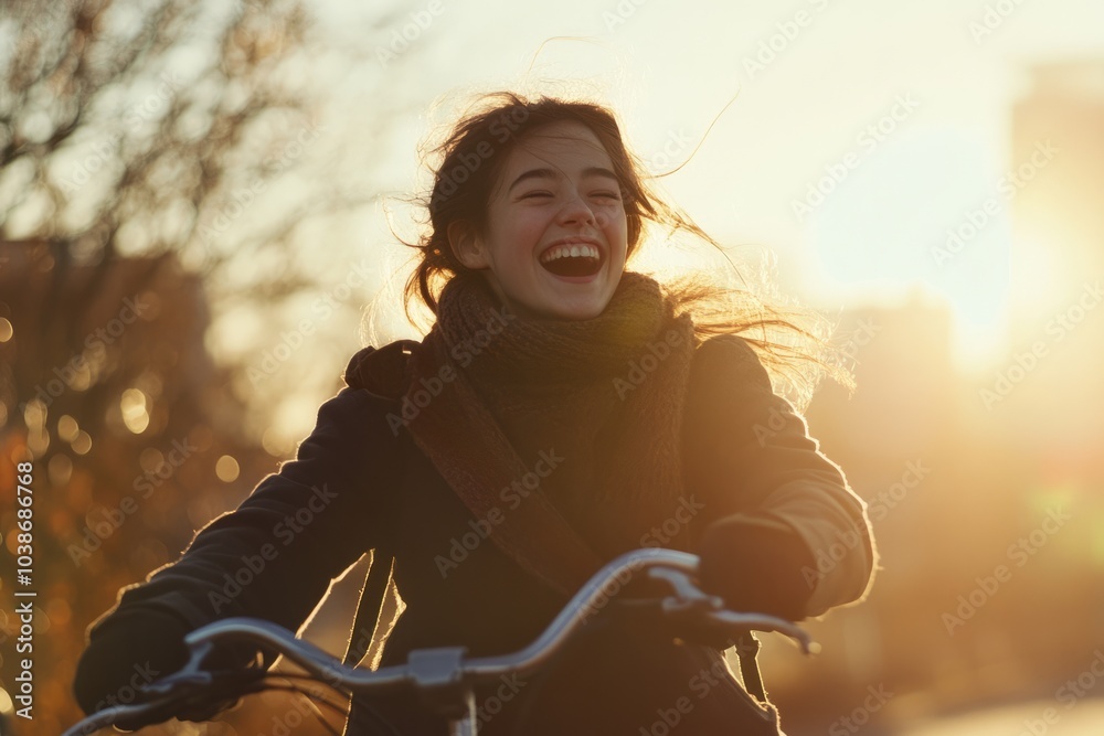 Joyful Woman Riding Bicycle at Sunset