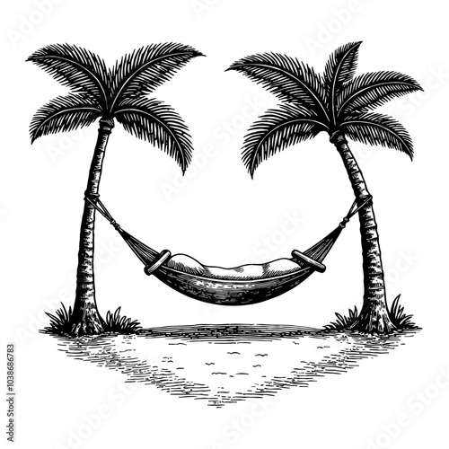 Hammock Hanging Between Palm Trees in Detailed Black and White Outline Line Art Drawing