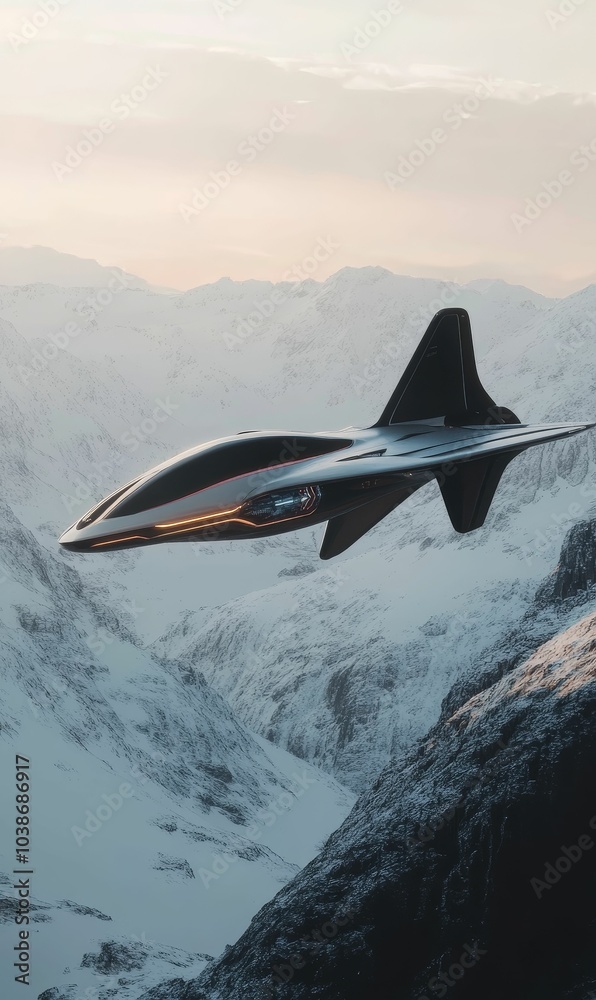 Fototapeta premium Futuristic aircraft flying over snowy mountains.