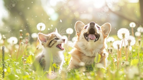 Cat and Dog Best Friends in a Meadow