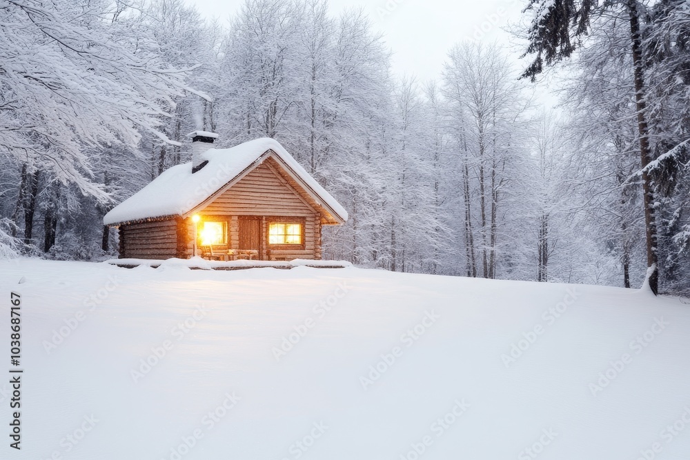 Cozy Winter Cabin Surrounded by Snowy Trees Cozy Winter Cabin Surrounded by Snowy Trees