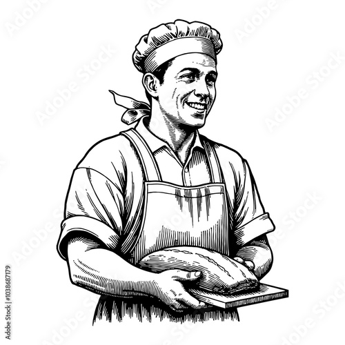 Male Baker Wearing Hat and Apron with Bread in Hand Black and White Outline Line Art Drawing