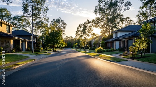 Golden morning light filters through trees along a quiet suburban street in autumn, creating a serene atmosphere on a calm day