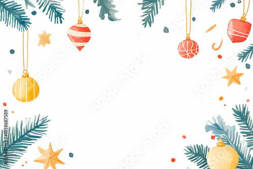 frame of watercolor christmas ornaments and spruse branches on white background, copy space in the middle, cute hand drawn design photo