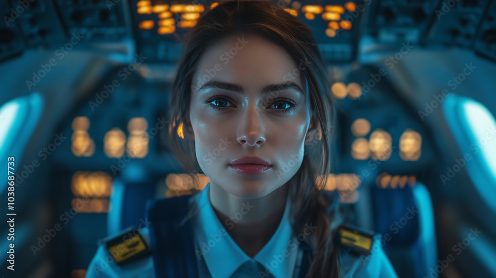 A young female pilot in uniform is seated in an aircraft cockpit, focused and confident, with illuminated control panels in the background, creating a sense of professionalism and aviation expertise.