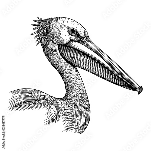 Pelican Head in Detailed Black and White Outline Line Art Drawing with Intricate Features