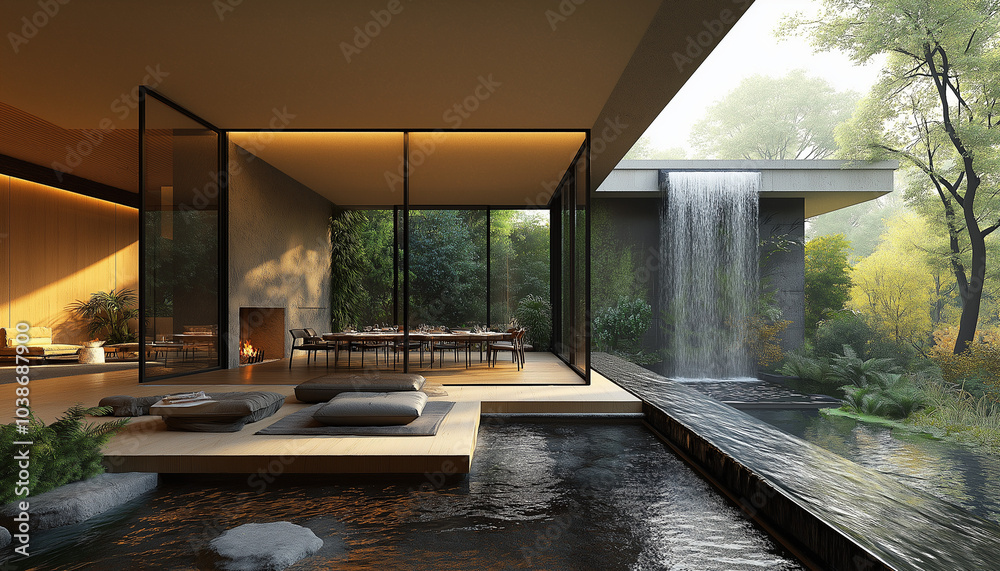 Fototapeta premium AI generator image of cozy room, room should exude a warm and inviting atmosphere, furniture and decor a large, comfortable bed with a beautiful garden view,roomin side a house transform to a garden