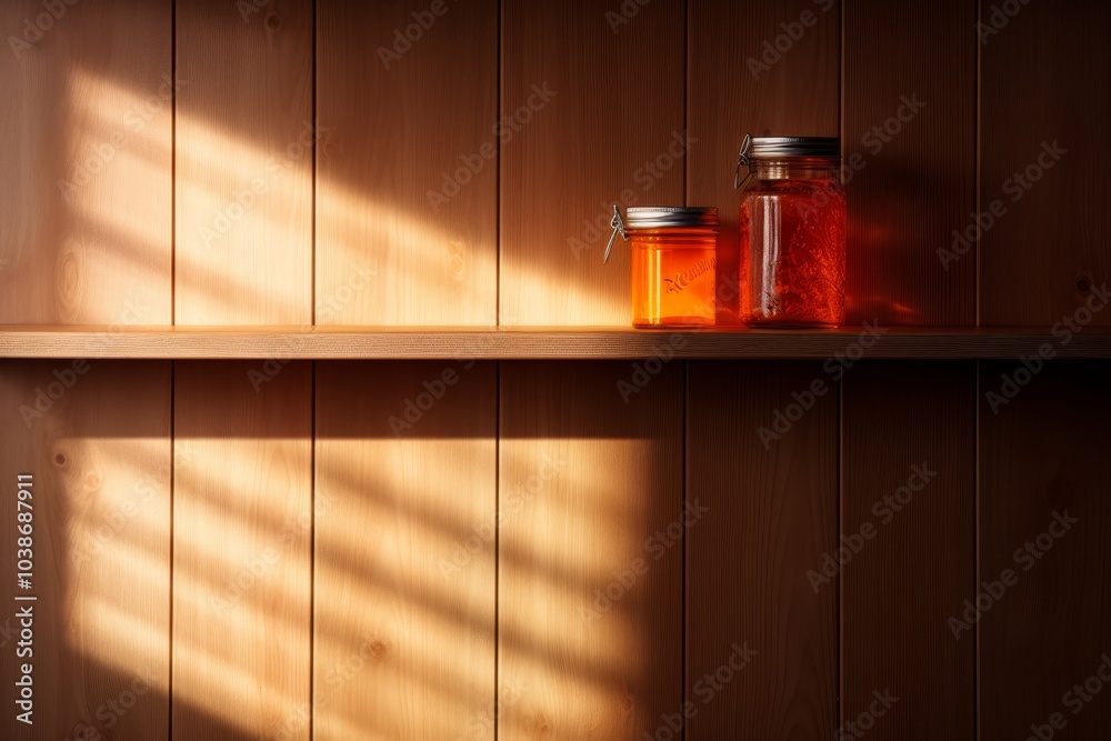 Close up of a textured glass jar for spices on a wooden shelf highlighting light and shadow play Close up of a textured glass jar for spices on a wooden shelf highlighting light and shadow play