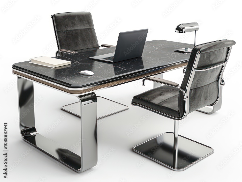 A modern office desk with a laptop, a mouse, and a notebook isolated on a white background A modern office desk with a laptop, a mouse, and a notebook isolated on a white background