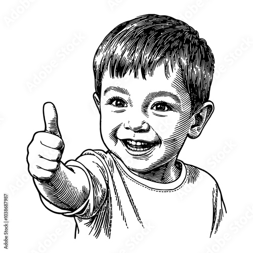 Cheerful Child Giving Thumbs Up in Detailed Black and White Outline Line Art Drawing Portrait