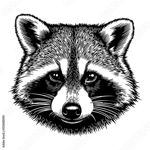 Raccoon Head Portrait in Detailed Black and White Outline Line Art Drawing Style