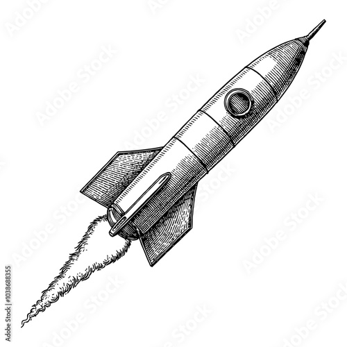 Vintage Rocket Design in Detailed Black and White Outline Line Art Drawing Style