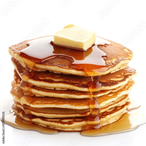 A stack of fluffy pancakes topped with butter and drizzled with syrup.