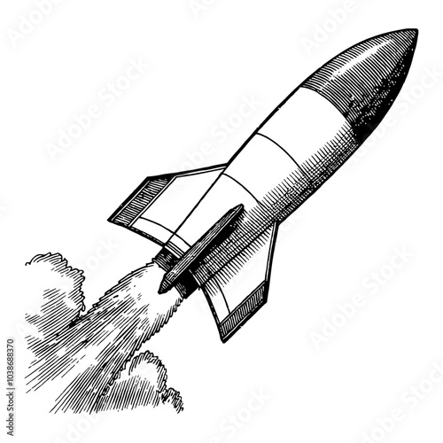 Rocket Launch with Detailed Vintage Black and White Outline Line Art Drawing