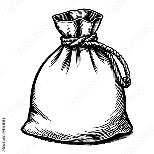 Sack Tied with Rope in Detailed Black and White Outline Line Art Drawing Vintage Style