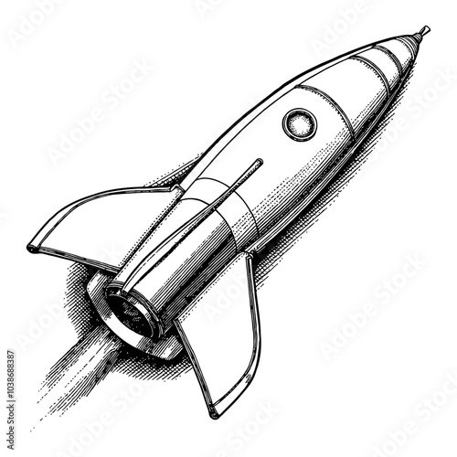 Rocket Ship in Detailed Vintage Black and White Outline Line Art Drawing with Shading