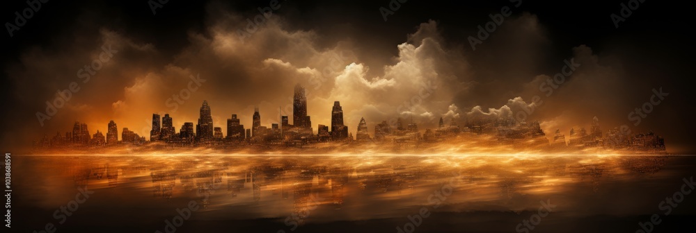Obraz premium Enigmatic atmosphere cityscape shrouded in mist with glimmering flames piercing through fog