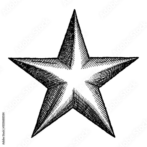 Shining Star Symbol in Vintage Detailed Black and White Outline Line Art Drawing Style
