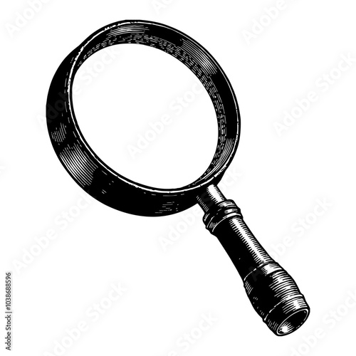 Simple Magnifying Glass in Classic Vintage Black and White Outline Line Art Drawing Illustration
