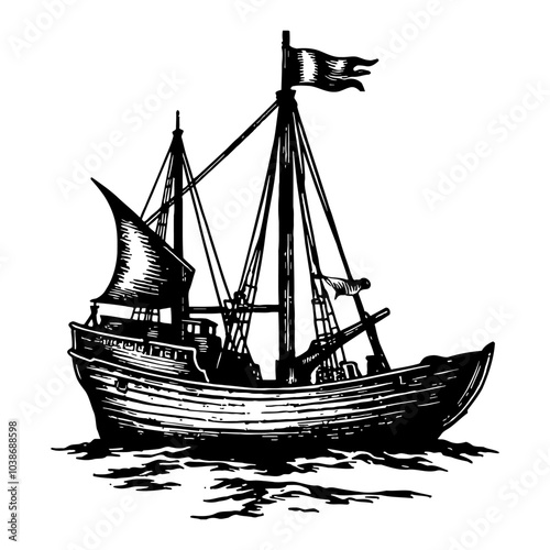 Vintage Ship Simple Logo in Black and White Outline Line Art Drawing with Detailed Illustration