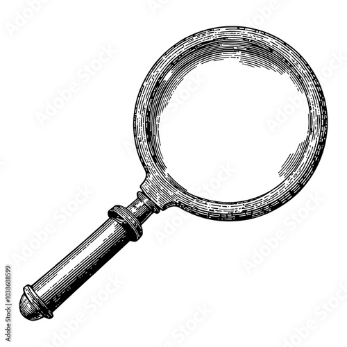 Simple Magnifying Glass Black and White Outline Line Art Drawing with Detailed Woodcut Style