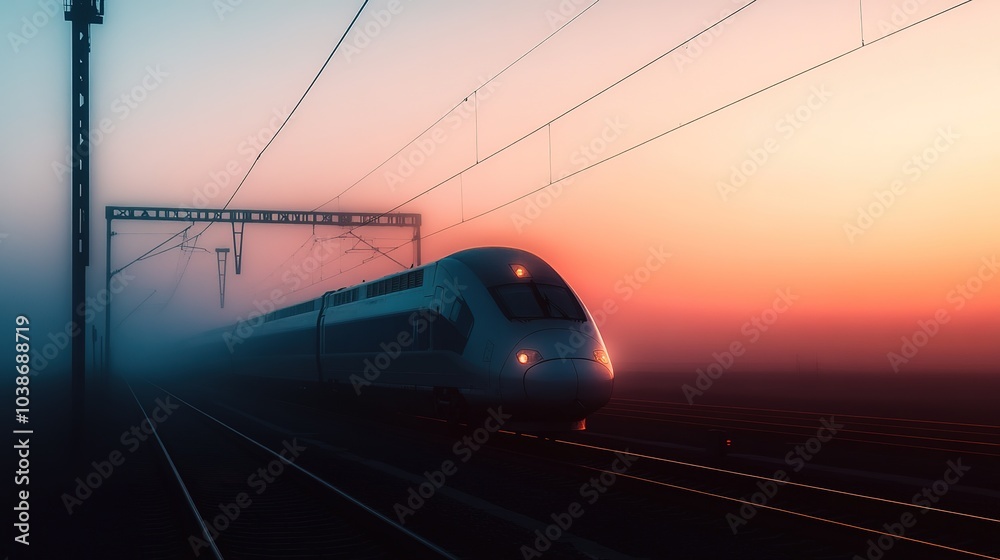 Naklejka premium A high-speed train travels through dense fog on tracks surrounded by trees during early morning hours