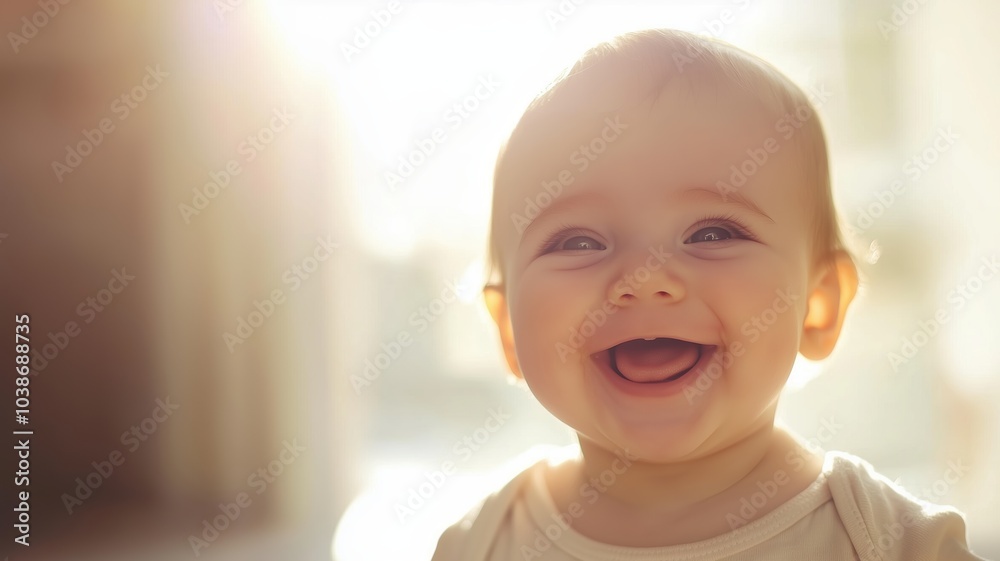 Happy baby smiling against a warm, golden bokeh background, creating a soft and joyful atmosphere. Happy baby smiling against a warm, golden bokeh background, creating a soft and joyful atmosphere.