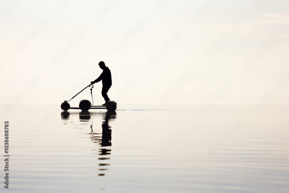 Naklejka premium Silhouette of a man riding a scooter at sunset, capturing the essence of urban mobility and freedom