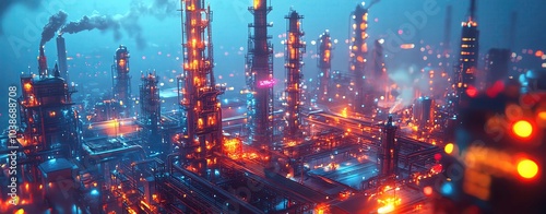 A hightech fuel refinery with towering structures and vivid neon lighting