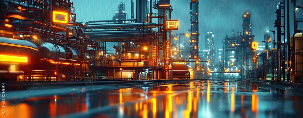 A futuristic scene of a fuel processing plant with intricate machinery and vibrant neon lights A futuristic scene of a fuel processing plant with intricate machinery and vibrant neon lights