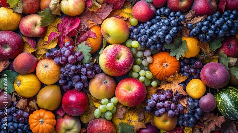 Vibrant autumn fruit background showcasing rich, colorful produce like apples, grapes, and squash. Vibrant autumn fruit background showcasing rich, colorful produce like apples, grapes, and squash.
