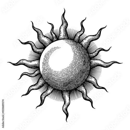 Sun Zodiac Symbol in Intricate Black and White Outline Line Art Drawing with Engraved Details