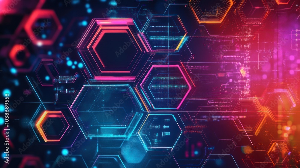 Vibrant futuristic technology design with colorful hexagons and sleek digital elements. Vibrant futuristic technology design with colorful hexagons and sleek digital elements.